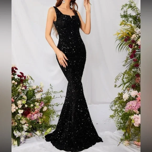 Luxe black mermaid hem sequins maxi dress